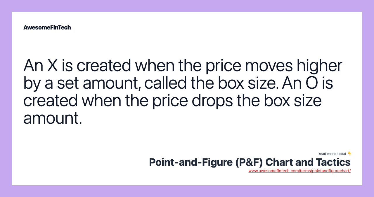An X is created when the price moves higher by a set amount, called the box size. An O is created when the price drops the box size amount.