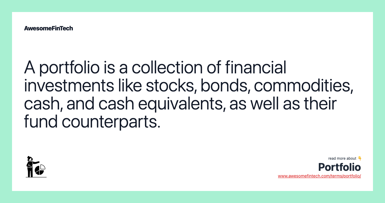 A portfolio is a collection of financial investments like stocks, bonds, commodities, cash, and cash equivalents, as well as their fund counterparts.