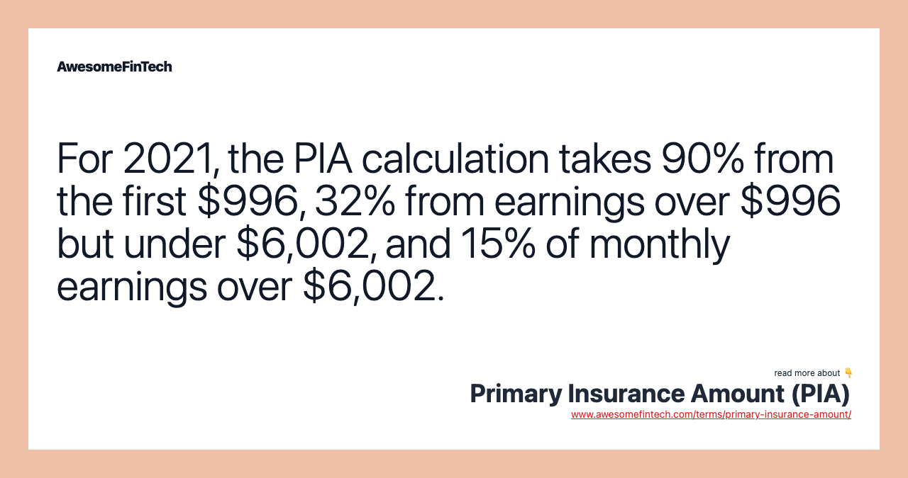 For 2021, the PIA calculation takes 90% from the first $996, 32% from earnings over $996 but under $6,002, and 15% of monthly earnings over $6,002.