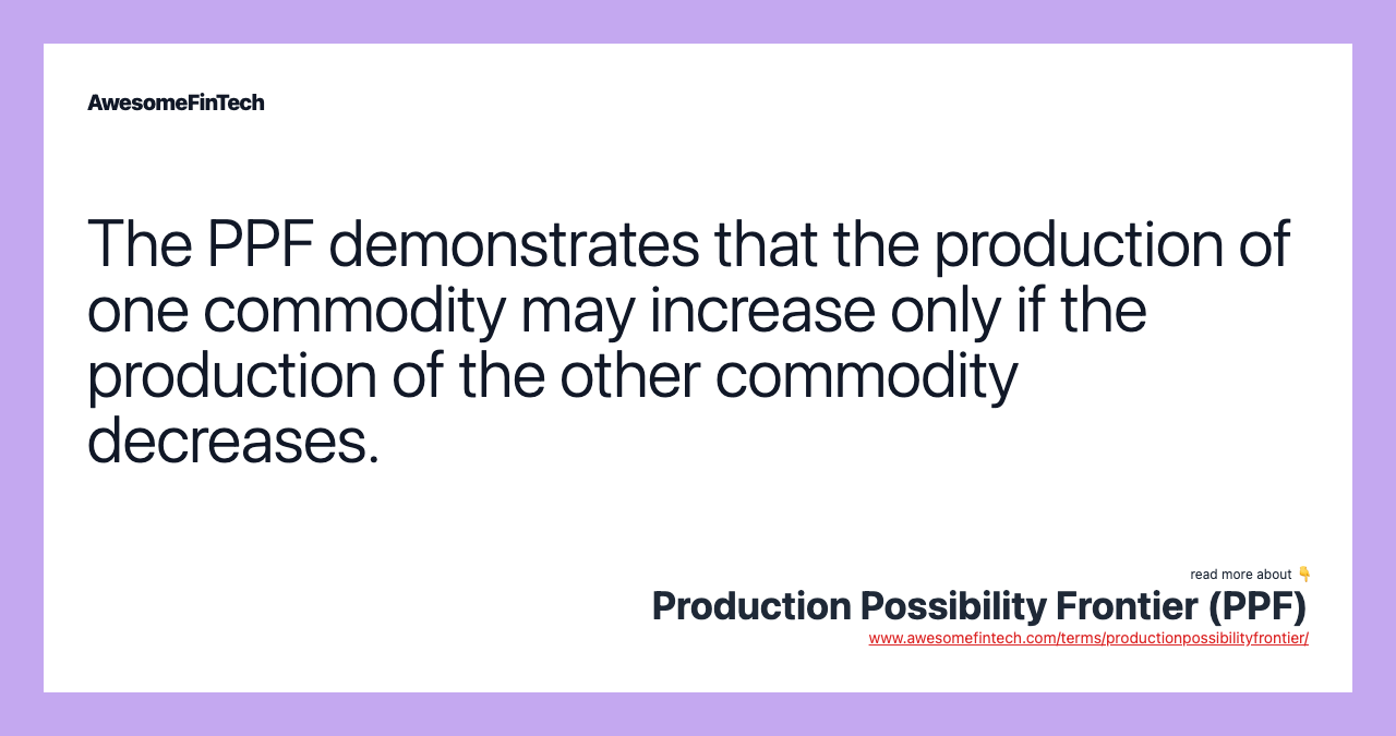 The PPF demonstrates that the production of one commodity may increase only if the production of the other commodity decreases.