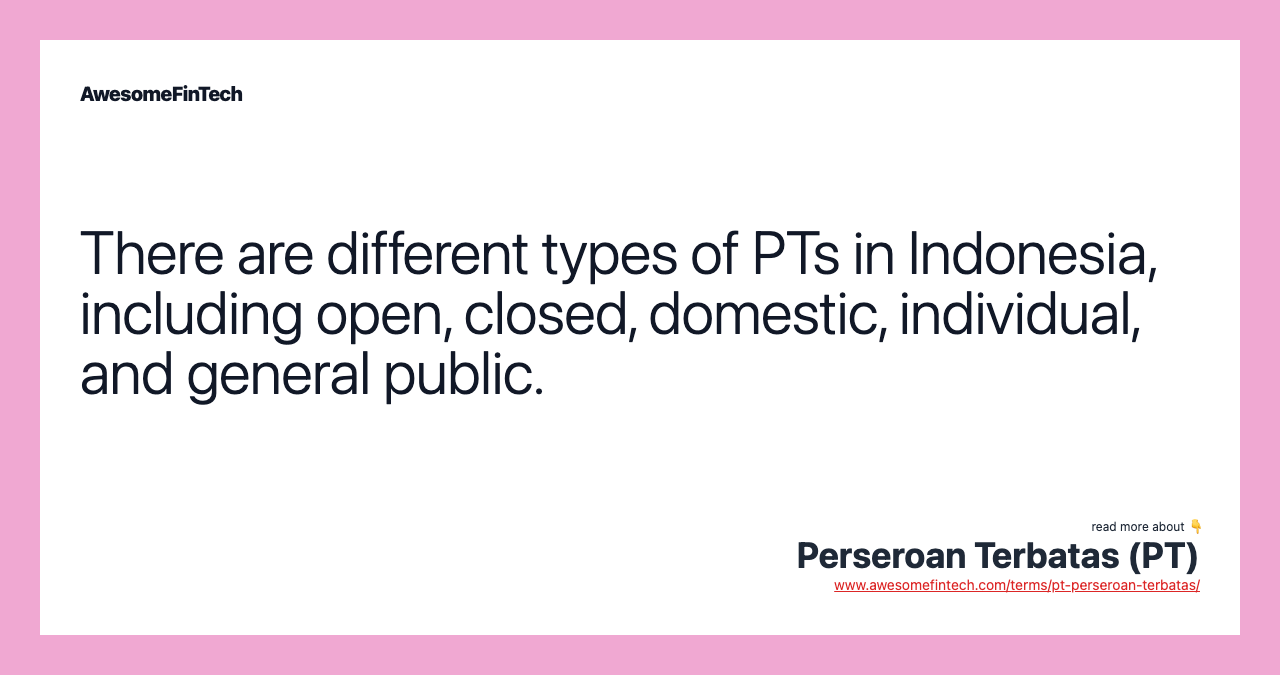 There are different types of PTs in Indonesia, including open, closed, domestic, individual, and general public.