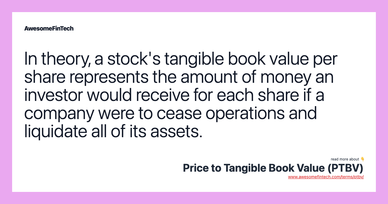 In theory, a stock's tangible book value per share represents the amount of money an investor would receive for each share if a company were to cease operations and liquidate all of its assets.