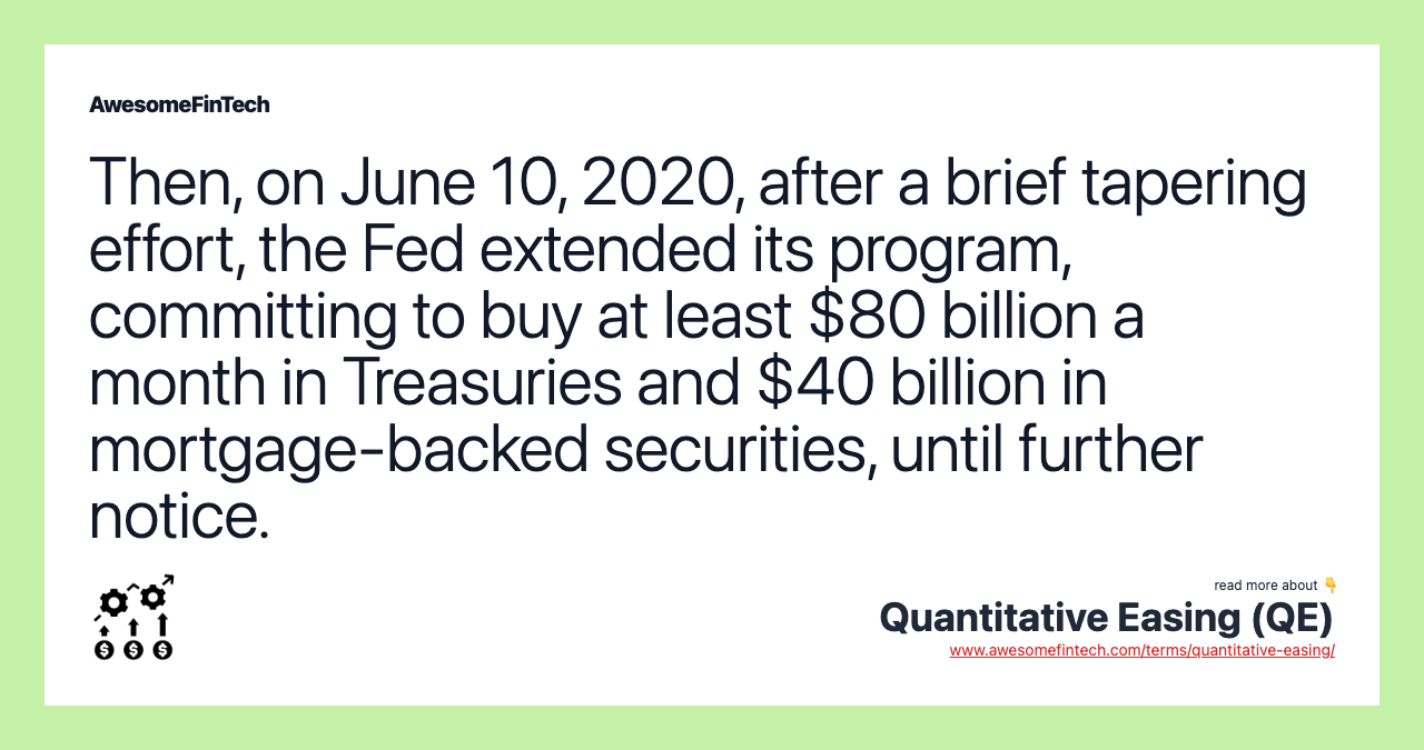 Then, on June 10, 2020, after a brief tapering effort, the Fed extended its program, committing to buy at least $80 billion a month in Treasuries and $40 billion in mortgage-backed securities, until further notice.