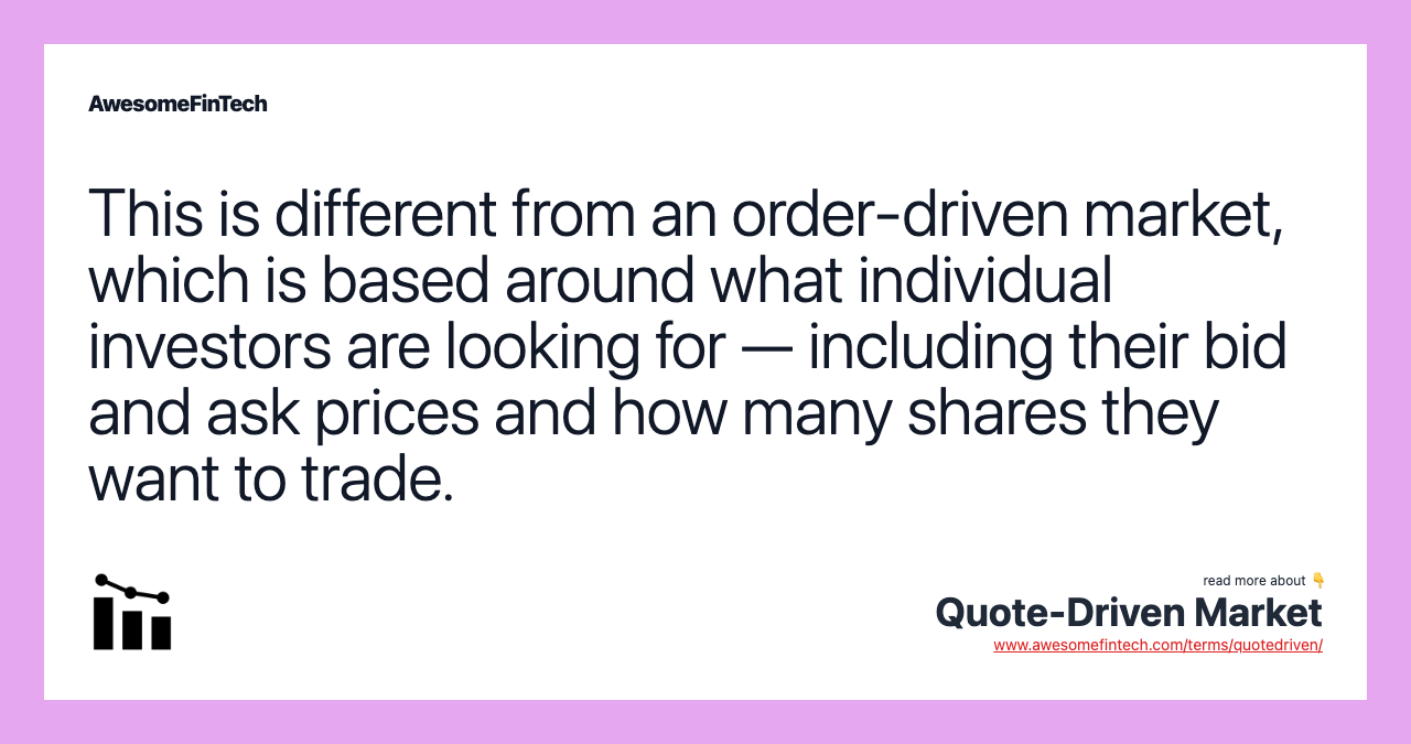 This is different from an order-driven market, which is based around what individual investors are looking for — including their bid and ask prices and how many shares they want to trade.