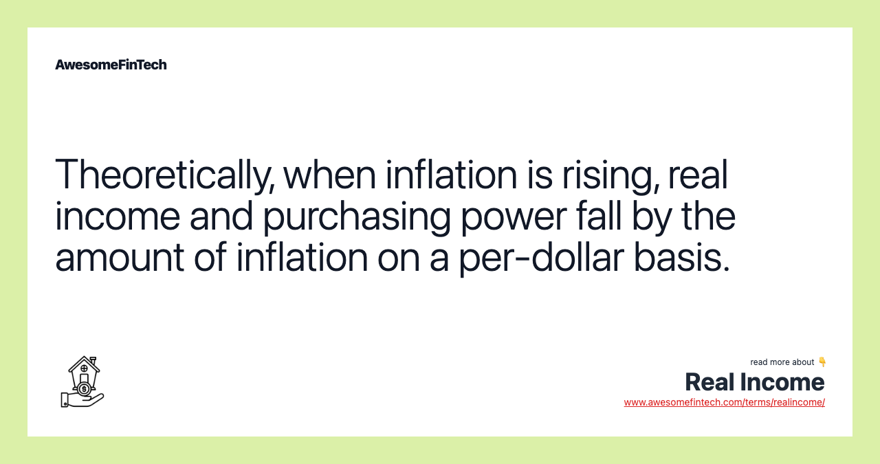 Theoretically, when inflation is rising, real income and purchasing power fall by the amount of inflation on a per-dollar basis.