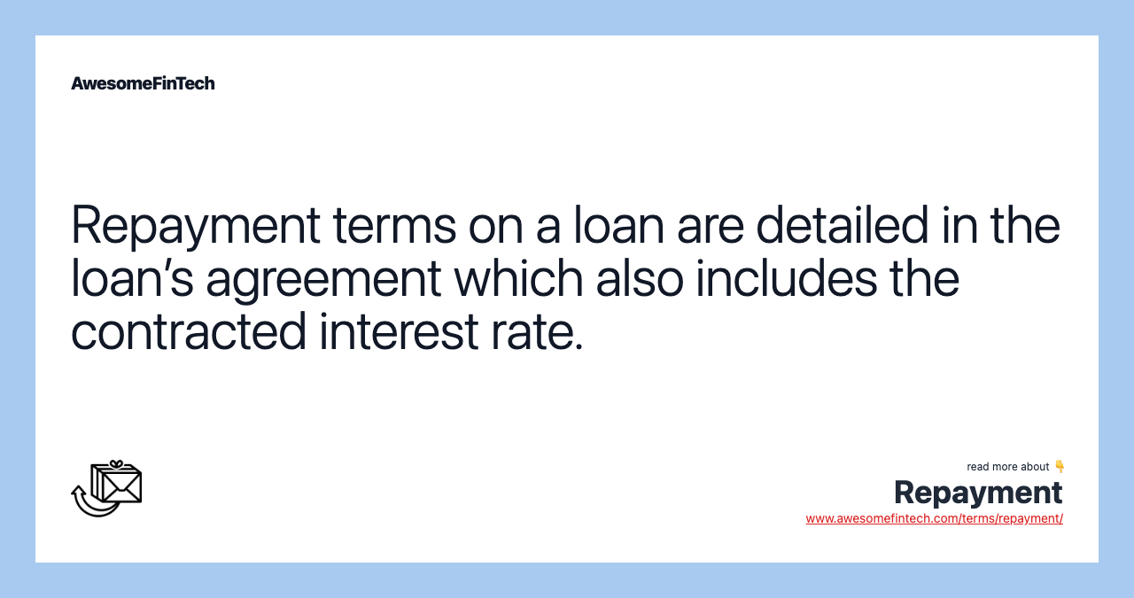 Repayment terms on a loan are detailed in the loan’s agreement which also includes the contracted interest rate.