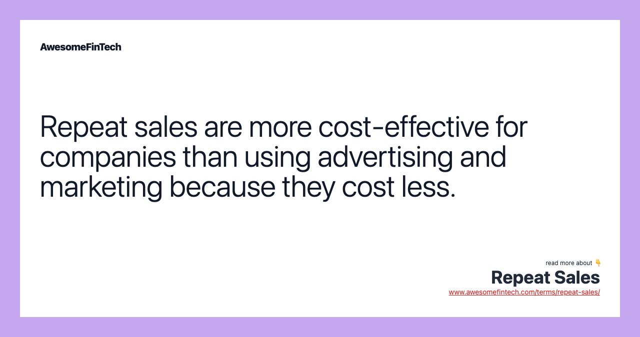 Repeat sales are more cost-effective for companies than using advertising and marketing because they cost less.