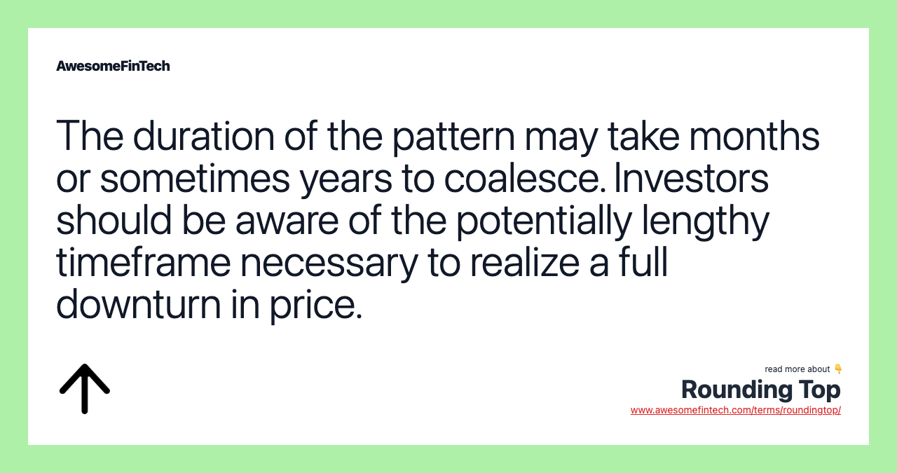 The duration of the pattern may take months or sometimes years to coalesce. Investors should be aware of the potentially lengthy timeframe necessary to realize a full downturn in price.