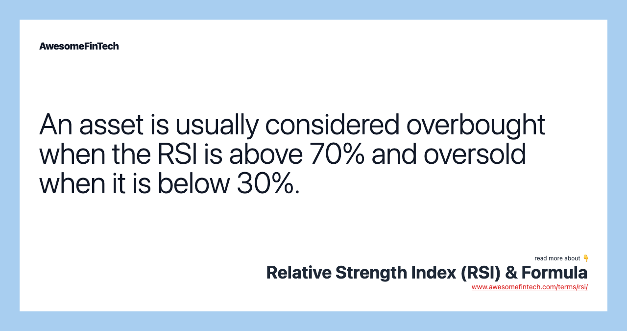 An asset is usually considered overbought when the RSI is above 70% and oversold when it is below 30%.