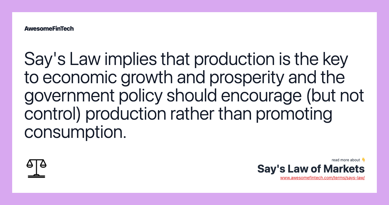 Say's Law implies that production is the key to economic growth and prosperity and the government policy should encourage (but not control) production rather than promoting consumption.