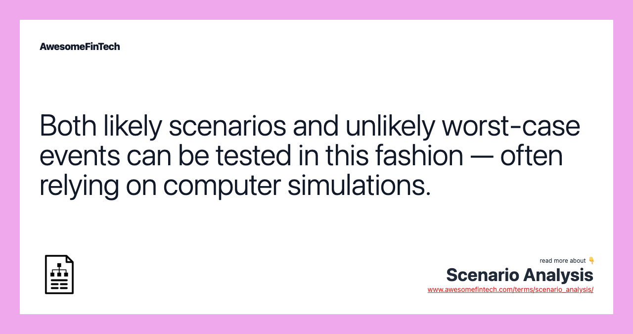 Both likely scenarios and unlikely worst-case events can be tested in this fashion — often relying on computer simulations.