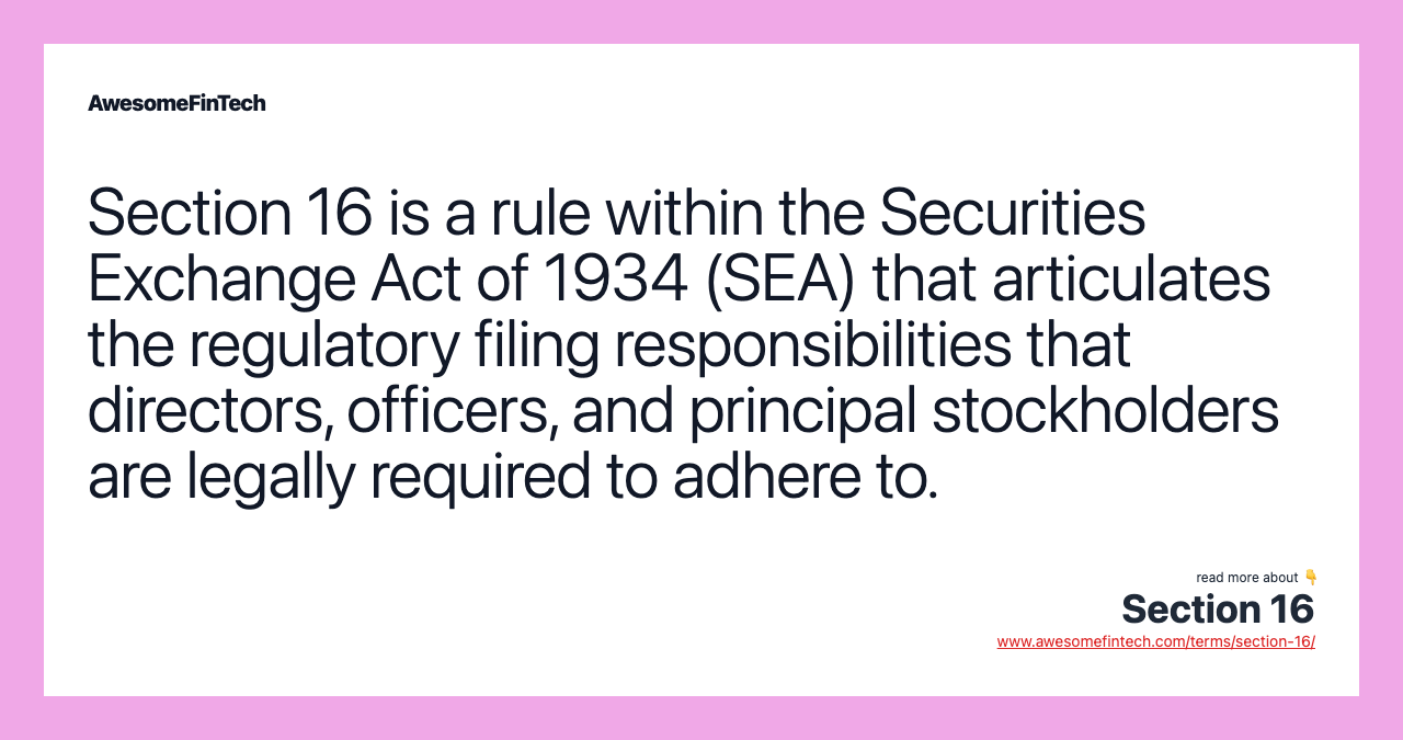 Section 16 is a rule within the Securities Exchange Act of 1934 (SEA) that articulates the regulatory filing responsibilities that directors, officers, and principal stockholders are legally required to adhere to.