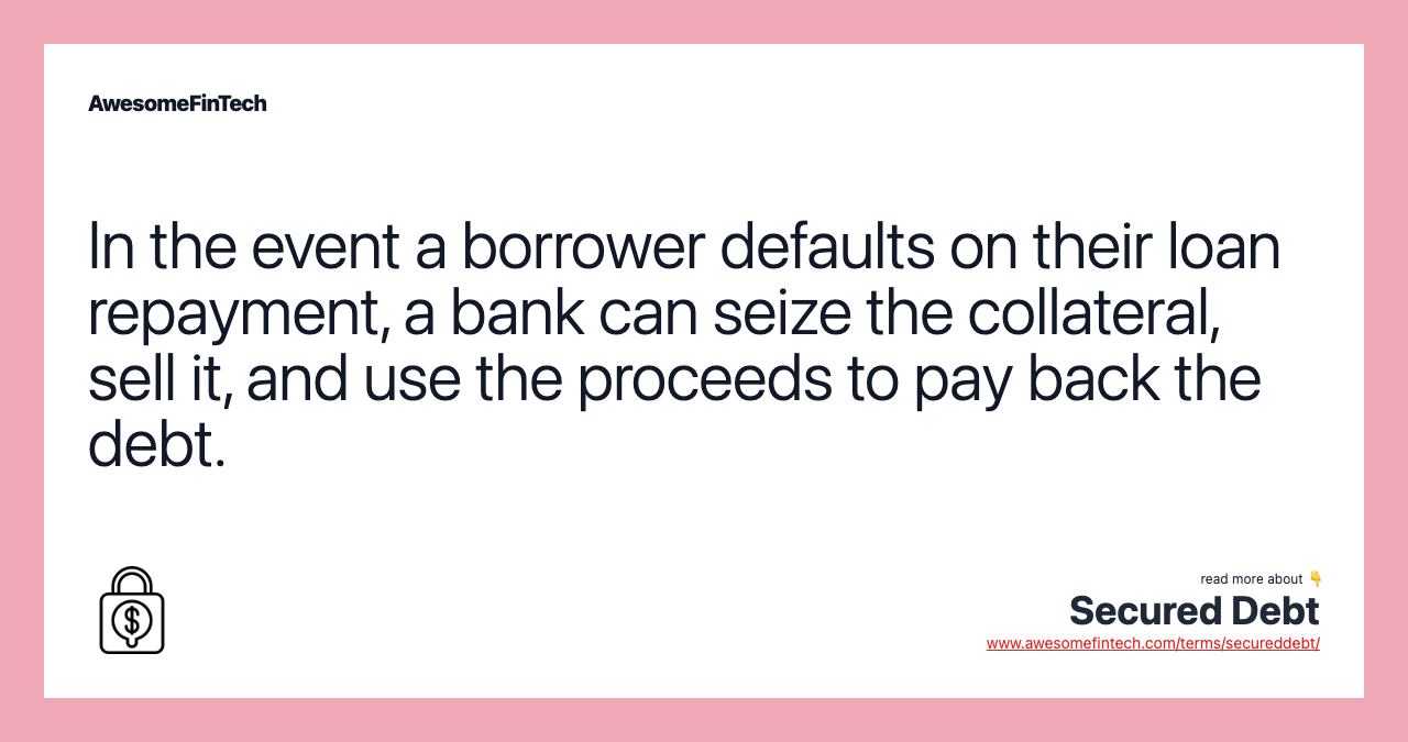 In the event a borrower defaults on their loan repayment, a bank can seize the collateral, sell it, and use the proceeds to pay back the debt.