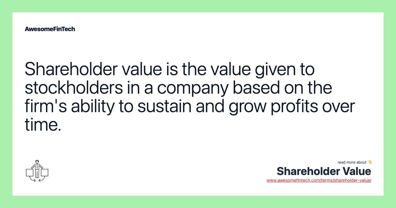 Shareholder value is the value given to stockholders in a company based on the firm's ability to sustain and grow profits over time.