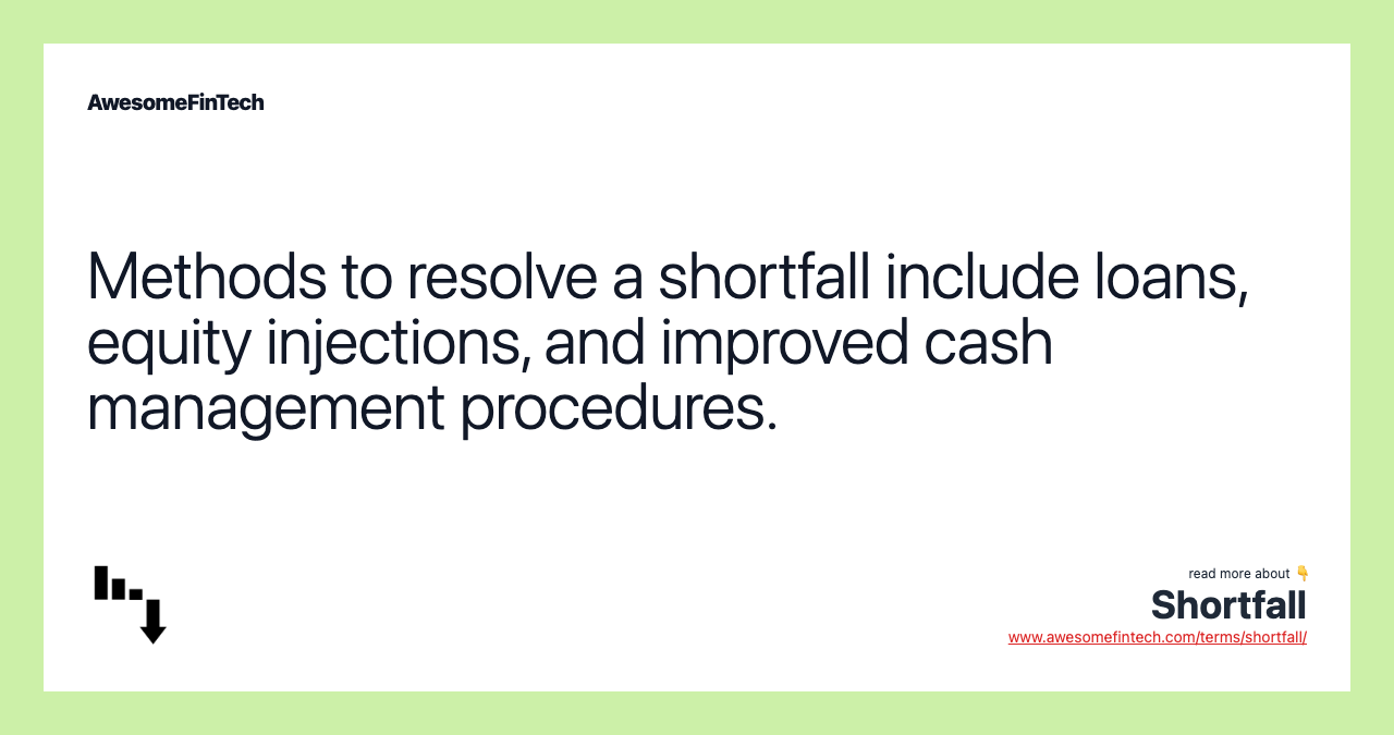 Methods to resolve a shortfall include loans, equity injections, and improved cash management procedures.
