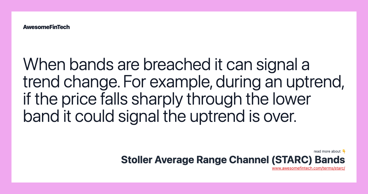 When bands are breached it can signal a trend change. For example, during an uptrend, if the price falls sharply through the lower band it could signal the uptrend is over.