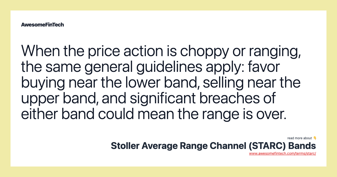 When the price action is choppy or ranging, the same general guidelines apply: favor buying near the lower band, selling near the upper band, and significant breaches of either band could mean the range is over.