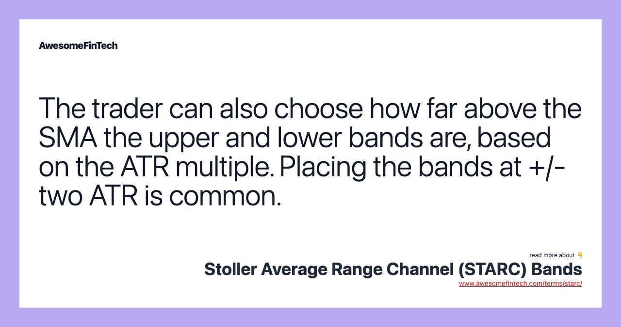 The trader can also choose how far above the SMA the upper and lower bands are, based on the ATR multiple. Placing the bands at +/- two ATR is common.