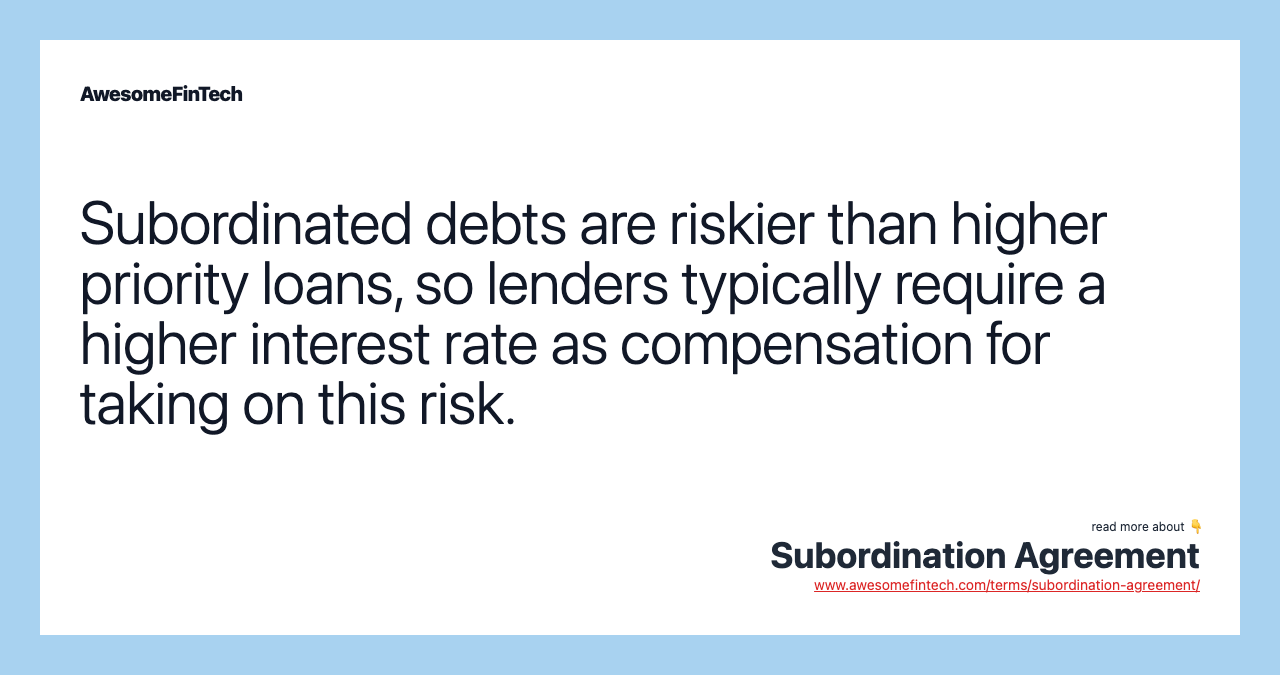 Subordinated debts are riskier than higher priority loans, so lenders typically require a higher interest rate as compensation for taking on this risk.