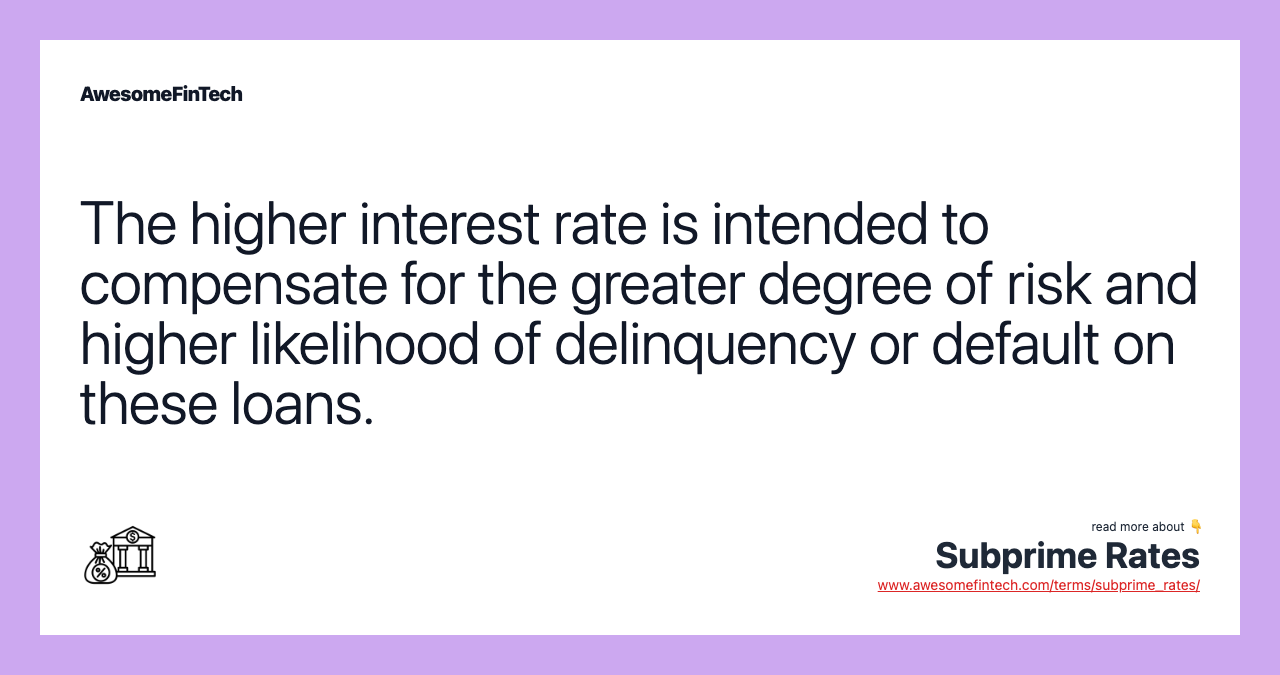 The higher interest rate is intended to compensate for the greater degree of risk and higher likelihood of delinquency or default on these loans.