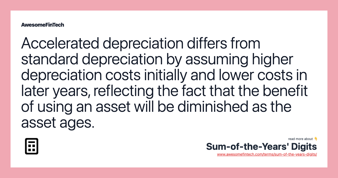 Accelerated depreciation differs from standard depreciation by assuming higher depreciation costs initially and lower costs in later years, reflecting the fact that the benefit of using an asset will be diminished as the asset ages.