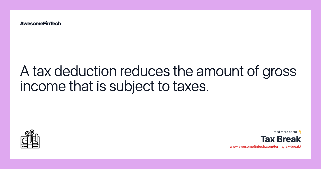 A tax deduction reduces the amount of gross income that is subject to taxes.