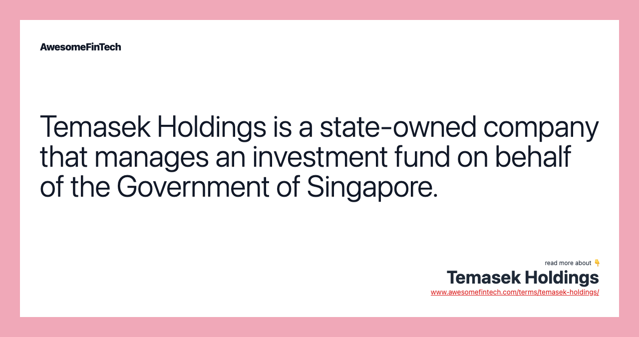 Temasek Holdings is a state-owned company that manages an investment fund on behalf of the Government of Singapore.