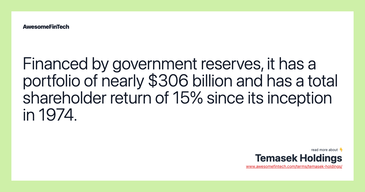 Financed by government reserves, it has a portfolio of nearly $306 billion and has a total shareholder return of 15% since its inception in 1974.