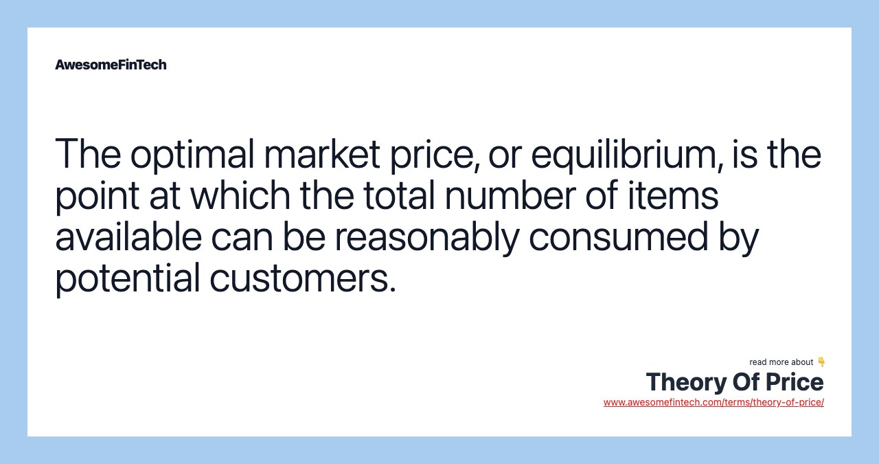 The optimal market price, or equilibrium, is the point at which the total number of items available can be reasonably consumed by potential customers.