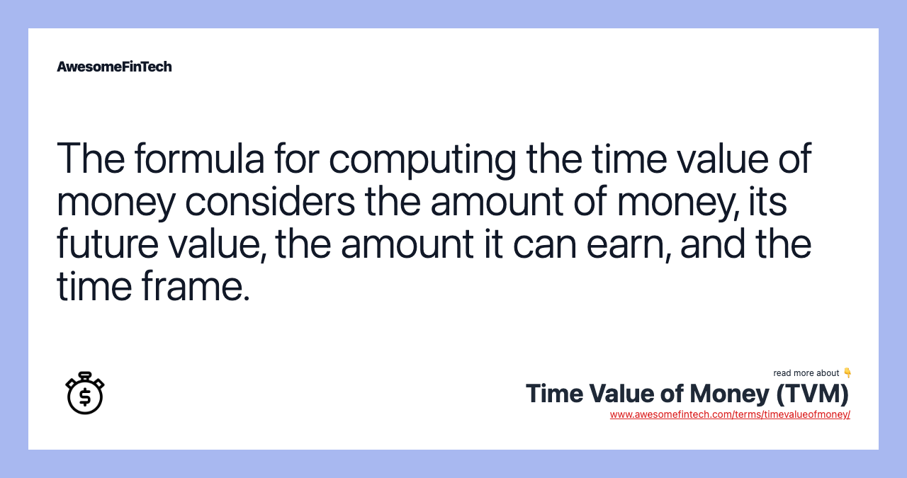 The formula for computing the time value of money considers the amount of money, its future value, the amount it can earn, and the time frame.
