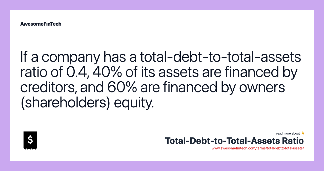 If a company has a total-debt-to-total-assets ratio of 0.4, 40% of its assets are financed by creditors, and 60% are financed by owners (shareholders) equity.