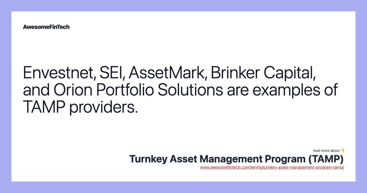 Envestnet, SEI, AssetMark, Brinker Capital, and Orion Portfolio Solutions are examples of TAMP providers.