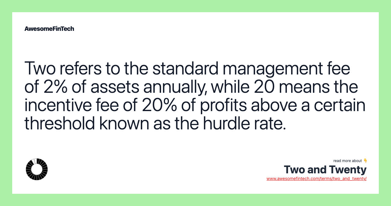 Two refers to the standard management fee of 2% of assets annually, while 20 means the incentive fee of 20% of profits above a certain threshold known as the hurdle rate.