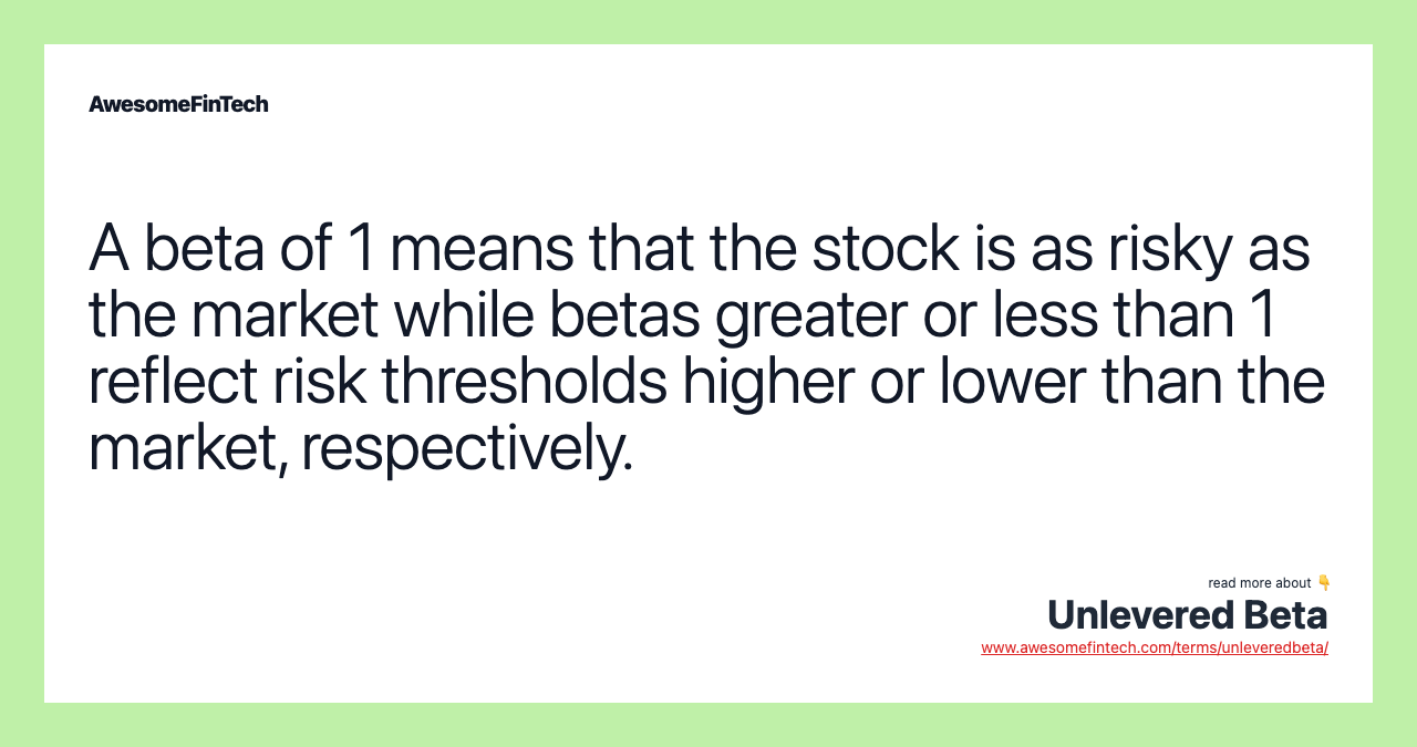 A beta of 1 means that the stock is as risky as the market while betas greater or less than 1 reflect risk thresholds higher or lower than the market, respectively.