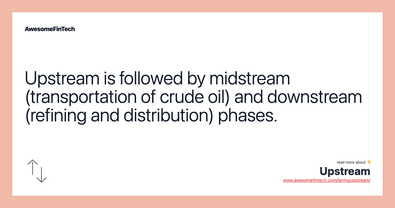 Upstream is followed by midstream (transportation of crude oil) and downstream (refining and distribution) phases.