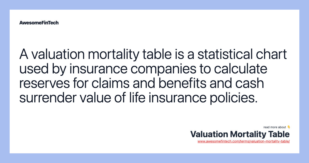 A valuation mortality table is a statistical chart used by insurance companies to calculate reserves for claims and benefits and cash surrender value of life insurance policies.