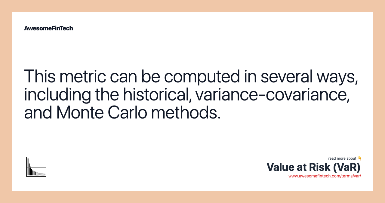 This metric can be computed in several ways, including the historical, variance-covariance, and Monte Carlo methods.
