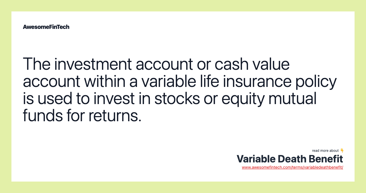The investment account or cash value account within a variable life insurance policy is used to invest in stocks or equity mutual funds for returns.
