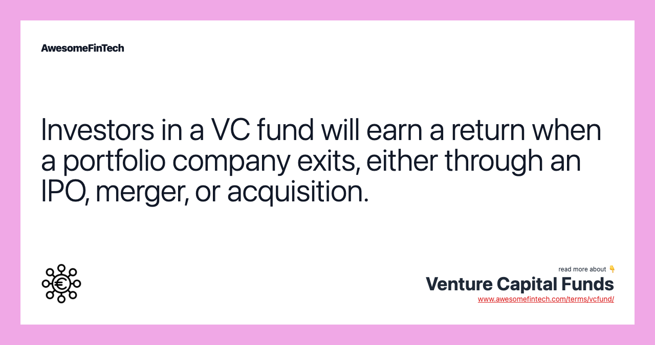 Investors in a VC fund will earn a return when a portfolio company exits, either through an IPO, merger, or acquisition.