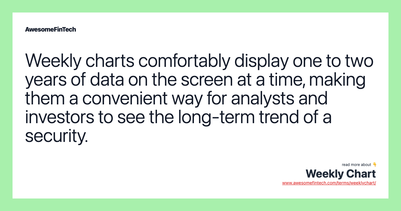 Weekly charts comfortably display one to two years of data on the screen at a time, making them a convenient way for analysts and investors to see the long-term trend of a security.