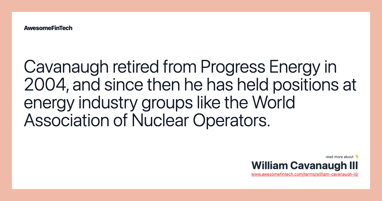 Cavanaugh retired from Progress Energy in 2004, and since then he has held positions at energy industry groups like the World Association of Nuclear Operators.