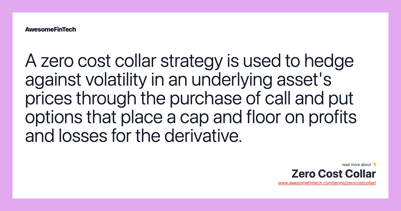 A zero cost collar strategy is used to hedge against volatility in an underlying asset's prices through the purchase of call and put options that place a cap and floor on profits and losses for the derivative.